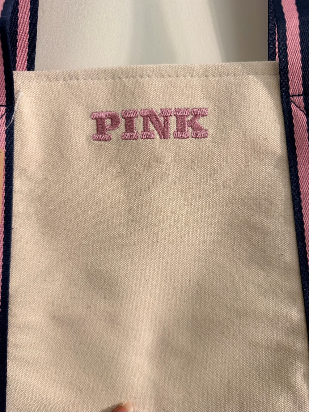 PINK Victoria's Secret Cream Canvas Tote with Pink & Navy Striped Straps